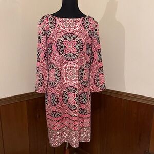 Wisp Pink Black Print Dress Size 12 EUC 3/4 Sleeve Shift
